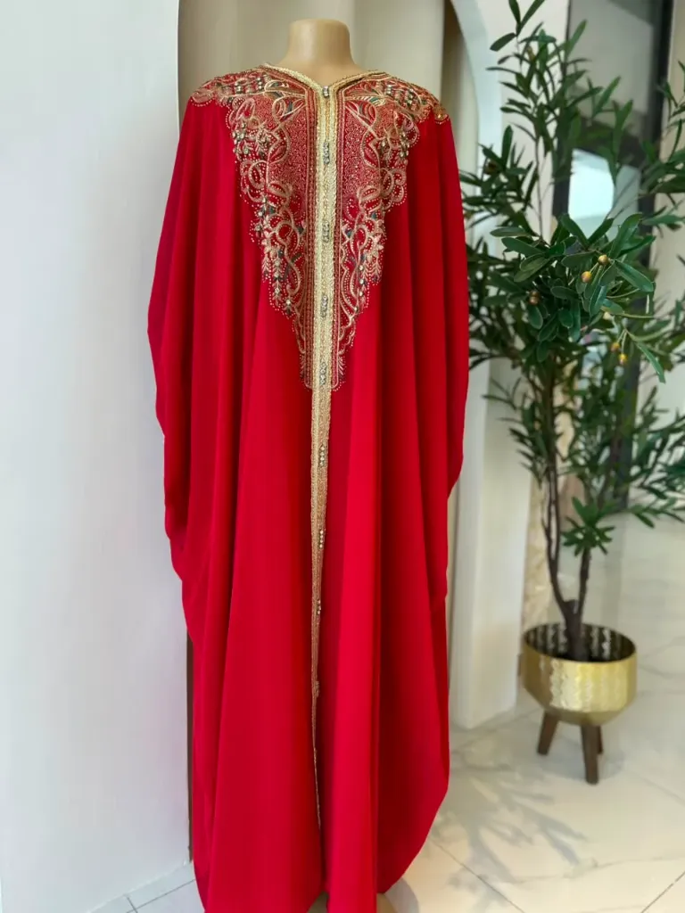 KS989RSL RED WITH GOLD STONES  AND COLOURFUL EMBROIDERY  FREE SIZE KAFTAN                       -SIZE L