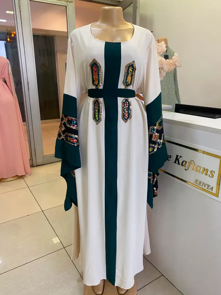 KS1008BES2XL BEIGE WITH BLACK FLARED SEQUINED HANDS KAFTAN