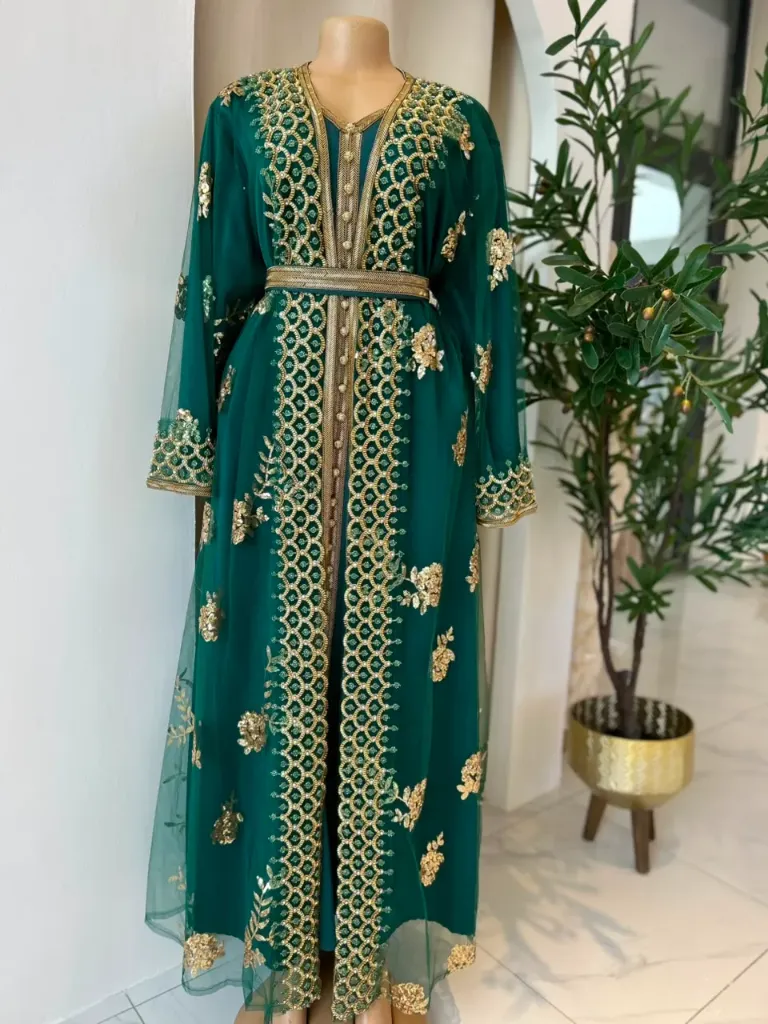 KS1035GS24 GREEN TWO PIECE KAFTAN WITH NET LIKE SEQUINED KAFTAN                              -SIZE 24