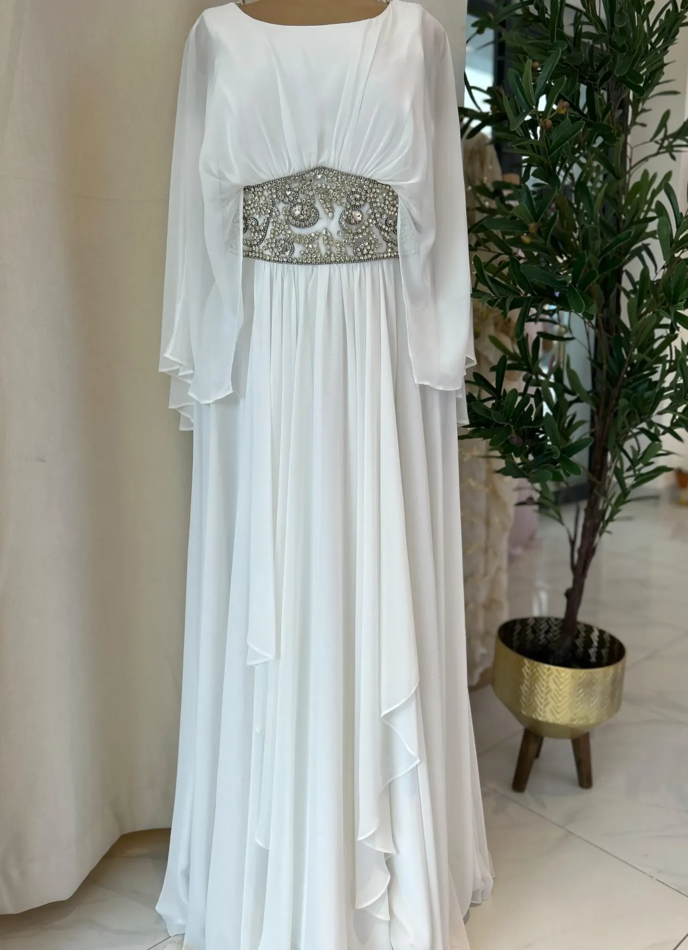 KS1036WS44 WHITE WITH SIVER STONES ON THE WAIST KAFTAN                          -SIZE 44