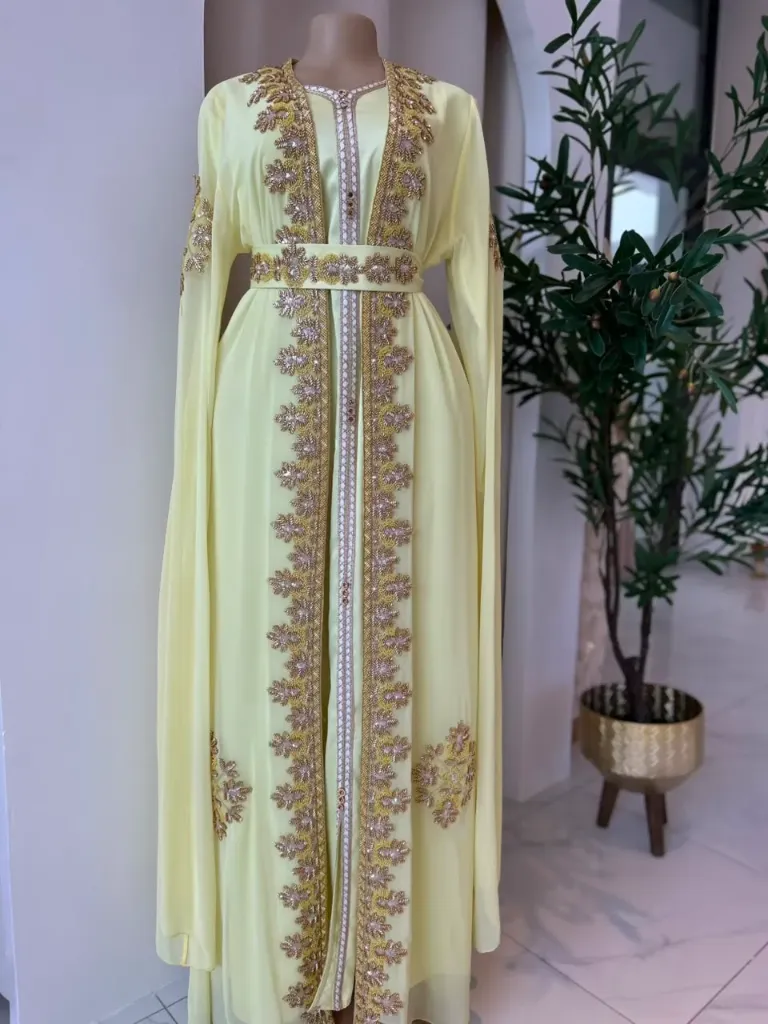 KS1042YSL YELLOW WITH GOLD STONES TWO PIECE KAFTAN                                 -SIZE L