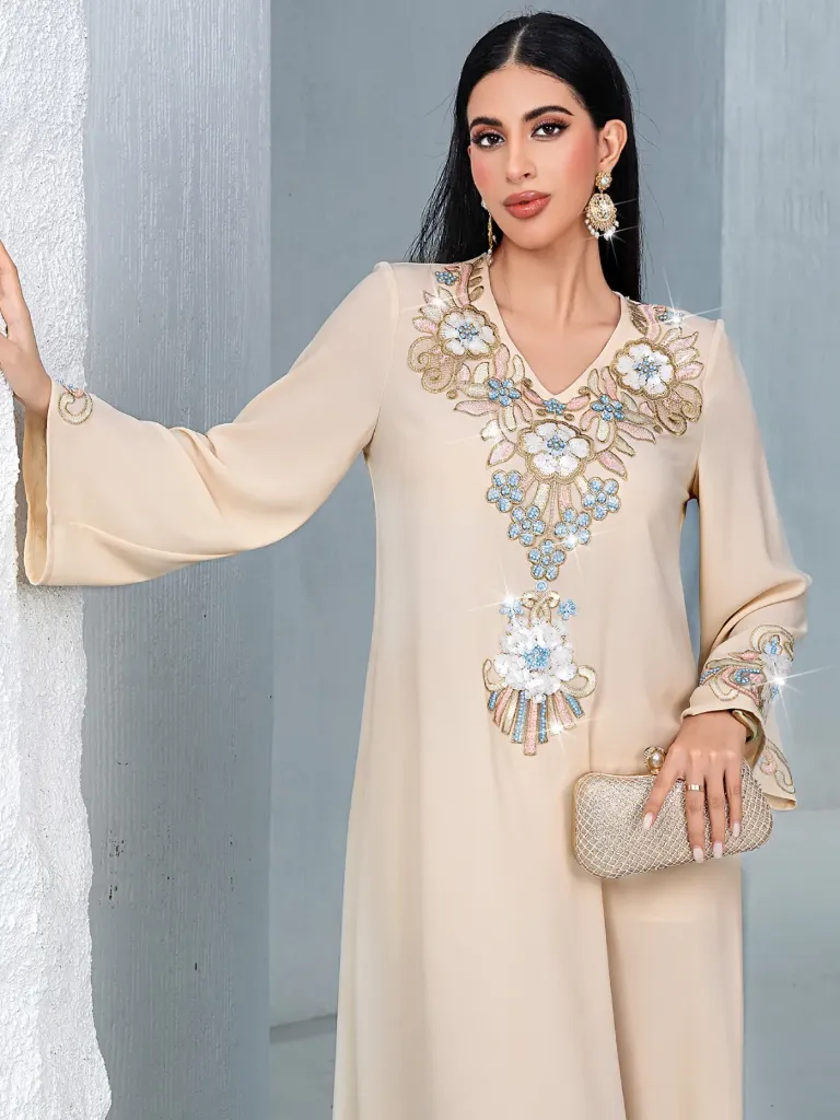 CREAM WITH PINK AND BLUE BEADS FLOWER EMBROIDERY