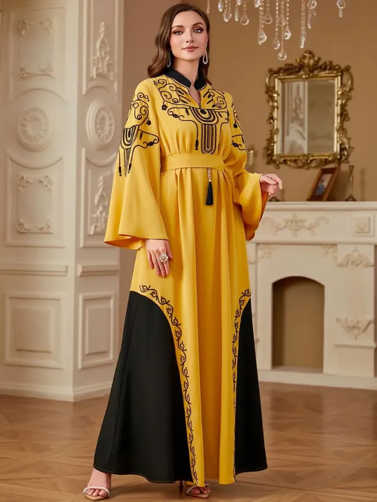 KS1061YS2XL YELLOW  WITH BLACK EMBROIDERY ONE PIECE KAFTAN                                -SIZE 2XL