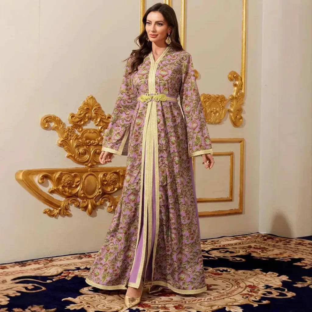 KS1062PUSM PURPLE FLORAL ONE PIECE KAFTAN                                             -SIZE M