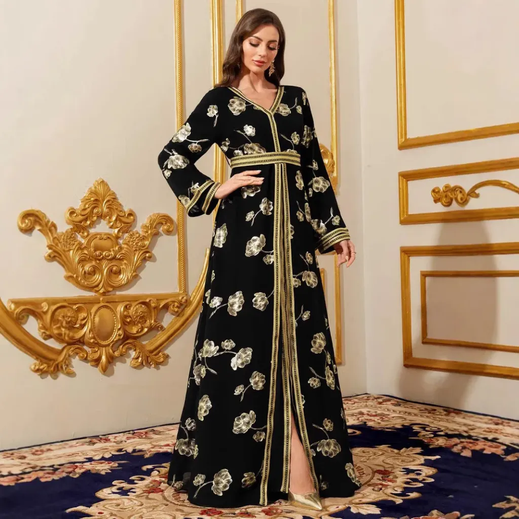 KS1063BLSM BLACK WITH GOLD PRINT TWO PIECE KAFTAN                               -SIZE M