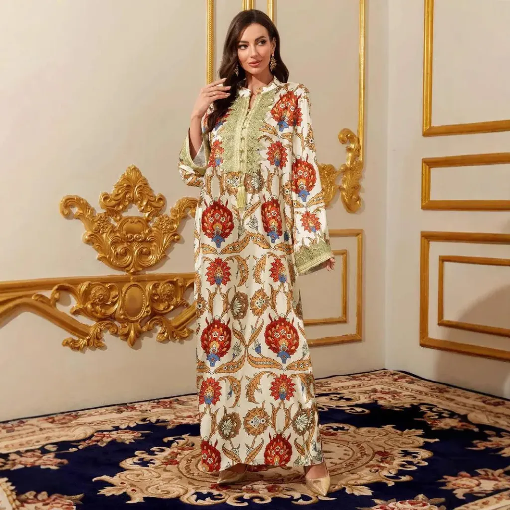 KS1065ORSXS ORANGE WITH GREY AND GOLD EMBROIDERY LACE LIKE KAFTAN