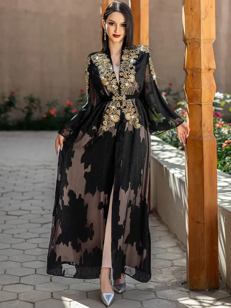 KS1068BLSXL BLACK WITH GOLD EMBROIDERED BEADS AND PINK INNER DRESS KAFTAN