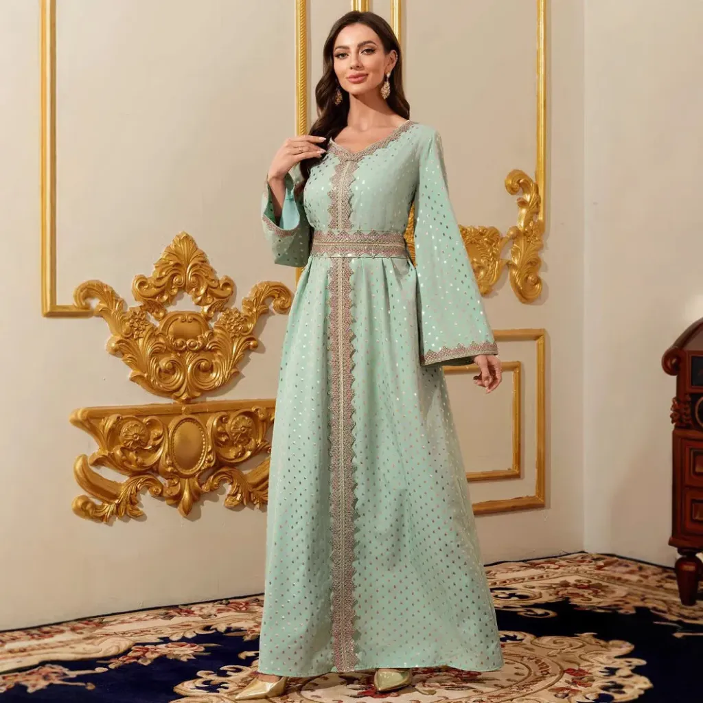 KS1069LGSXS LIME GREEN WITH COLOURFUL EMBROIDERY AND GOLD PRINT KAFTAN