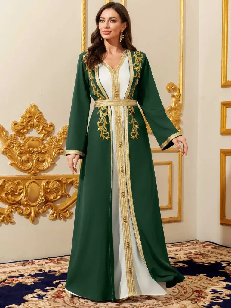 KS1070GSL GREEN WITH GOLD EMBROIDERY TWO PIECE PLAIN KAFTAN                                    -SIZE L