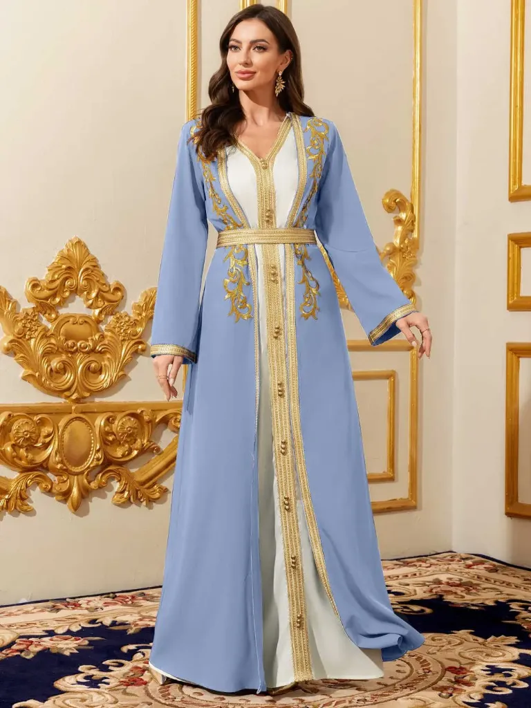 KS1070BSXS BLUE WITH GOLD EMBROIDERY TWO PIECE PLAIN KAFTAN                          -SIZE XS