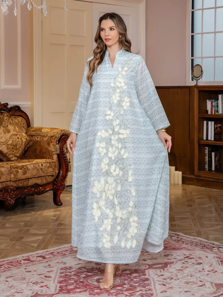 KS1080GRSL GREY WITH SILVER BEADS AND WHITE PEARLS KAFTAN