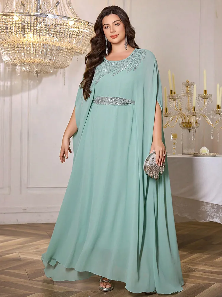 KS1090LGS4XL LIME GREEN WITH SILVER EMBROIDERED SEQUINS AND BEADS KAFTAN                             -SIZE 4XL