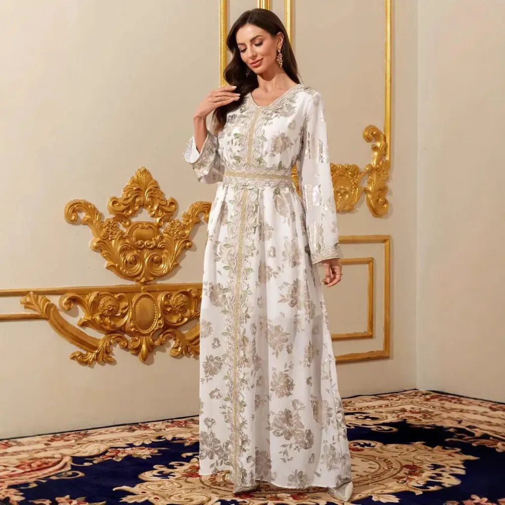 KS1103WSXS WHITE WITH COLOURFUL EMBROIDERY AND GOLD PRINT KAFTAN                        -SIZE XS