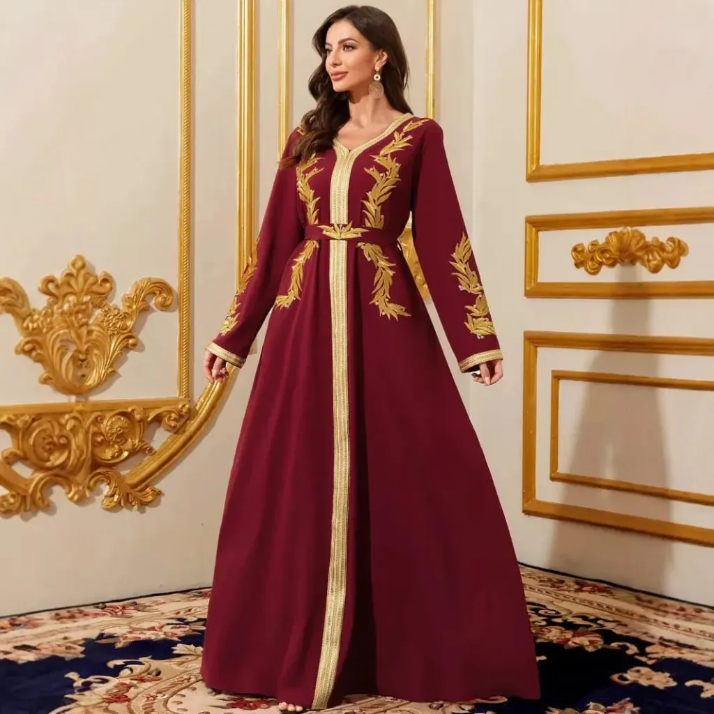 KS1104MSXS MAROON WITH GOLD LACE LIKE EMBROIDERY  KAFTAN                            SIZE XS