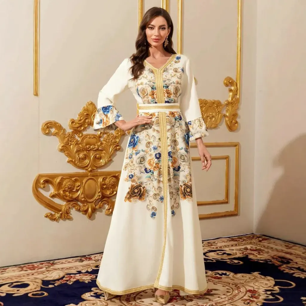 KS1111WSXS WHITE FLORAL WITH GOLD EMBROIDERY KAFTAN                                -SIZE XS