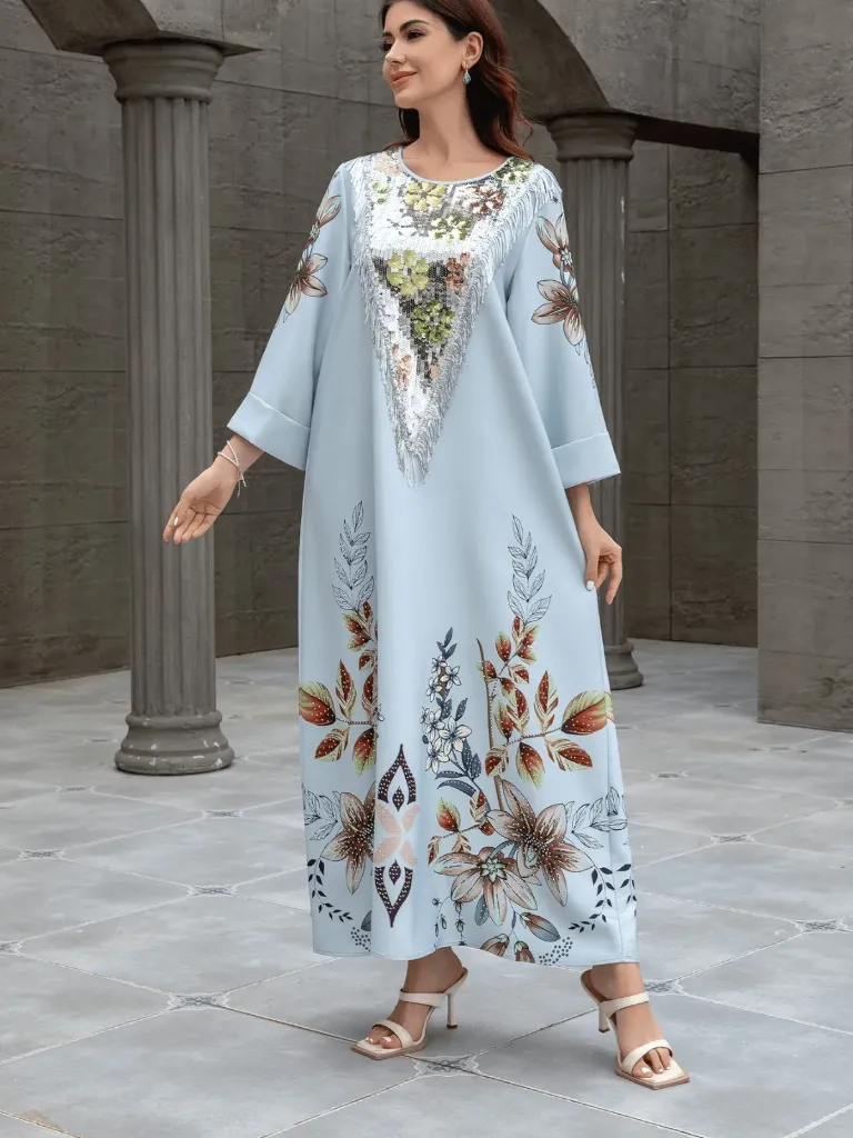 KS1114GSM GREY  FLORAL WITH COLOURFUL SEQUINS AND FRILLS ON THE CHEST KAFTAN