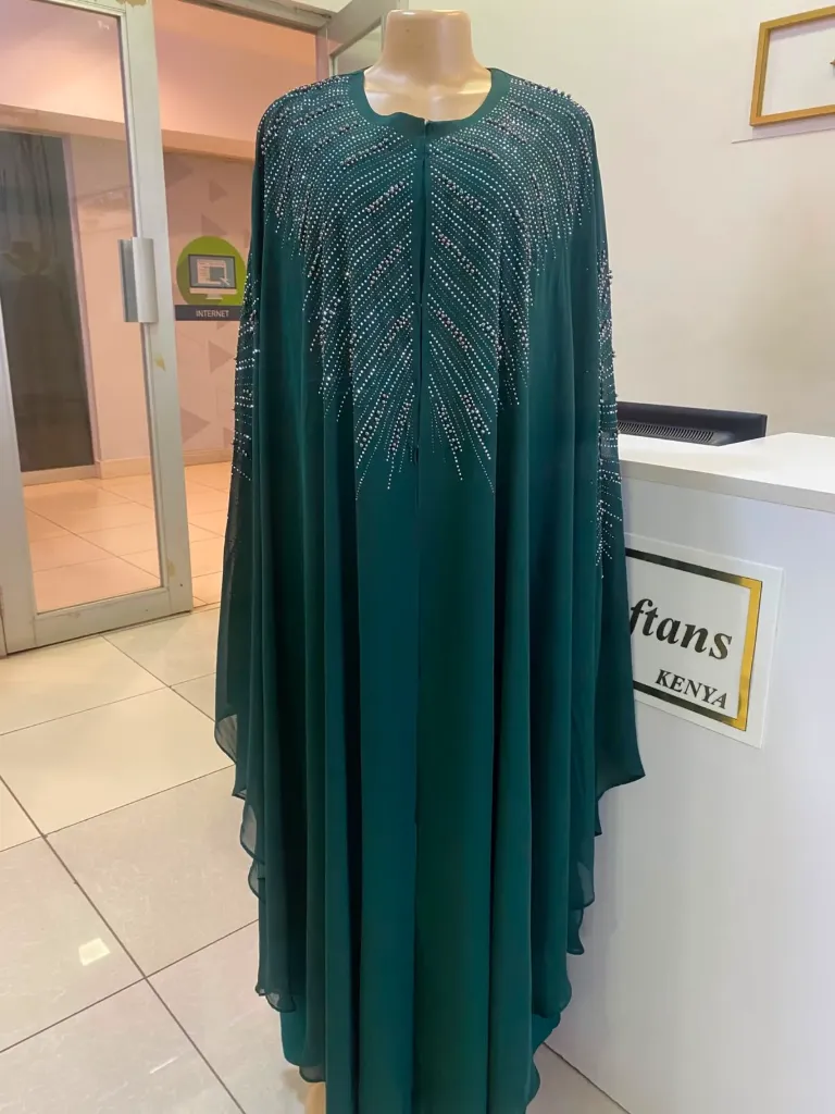 KS1019JGSL JUNGLE GREEN WITH SILVER SCATEREDSTONES  FREE SIZE DESIGN KAFTAN                         -SIZE L