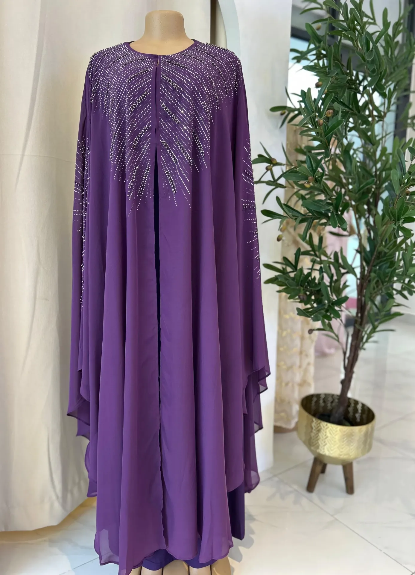 KS1019PUSL PURPLE WITH SILVER SCATEREDSTONES  FREE SIZE DESIGN KAFTAN                              -SIZE L