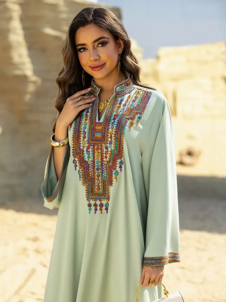 KS1021LGSM LIME GREEN WITH COLOURFUL EMBROIDERY TRIBAL KAFTAN