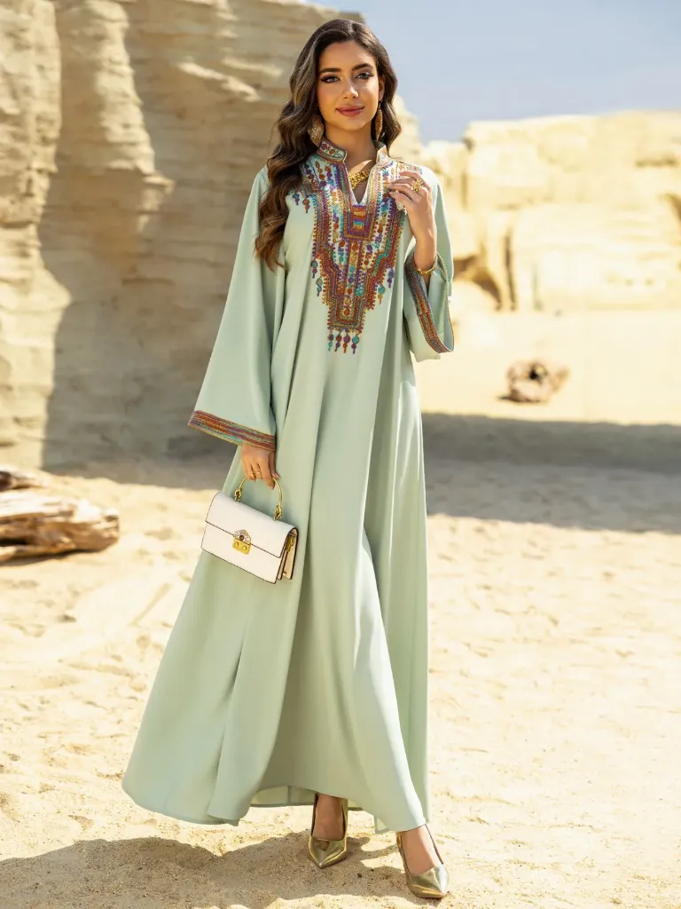 KS1021LGS2XL LIME GREEN WITH COLOURFUL EMBROIDERY TRIBAL KAFTAN                  -SIZE 2XL