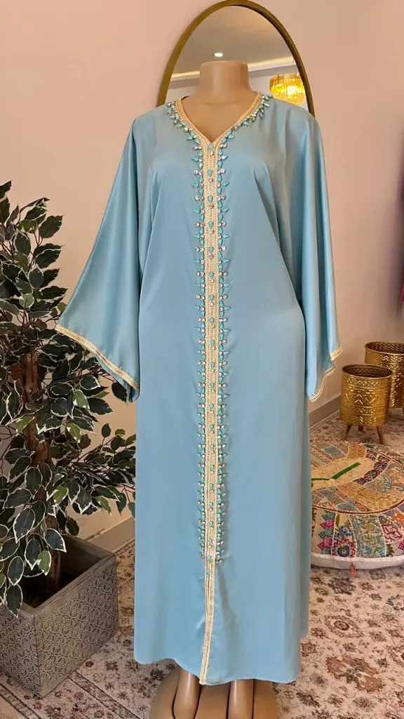 KS1119BSM BLUE WITH SILVER AND PURPLE STONES KAFTAN                                                    -SIZE M