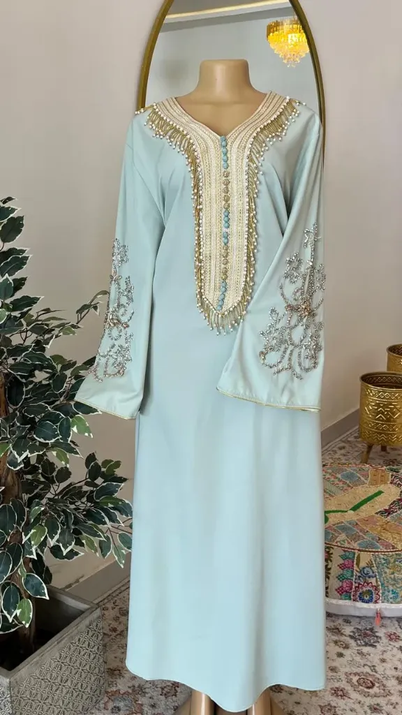 KS11125LGSXL LIME GREEN WITH HANGING BEADS AND STONES ON THE HANDS KAFTAN                 -SIZE XL