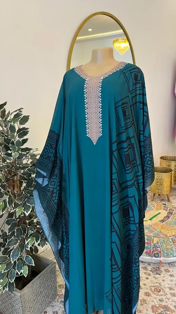 KS1129GRSS GREEN WITH BLACK PRINTS FREE SIZE DESIGN KAFTAN                                       -SIZE S