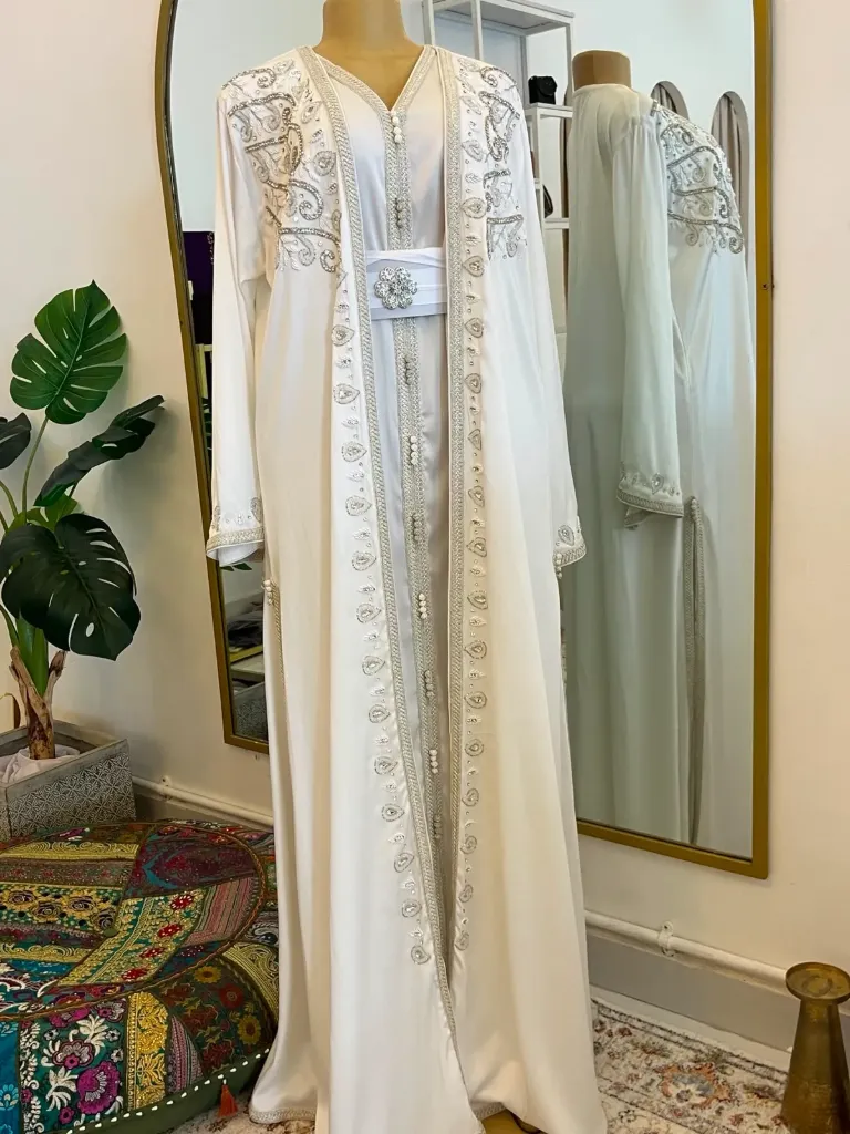 KS1158WSM  WHITE WITH SILVER BEADS TWO PIECE KAFTAN                                                -SIZE M