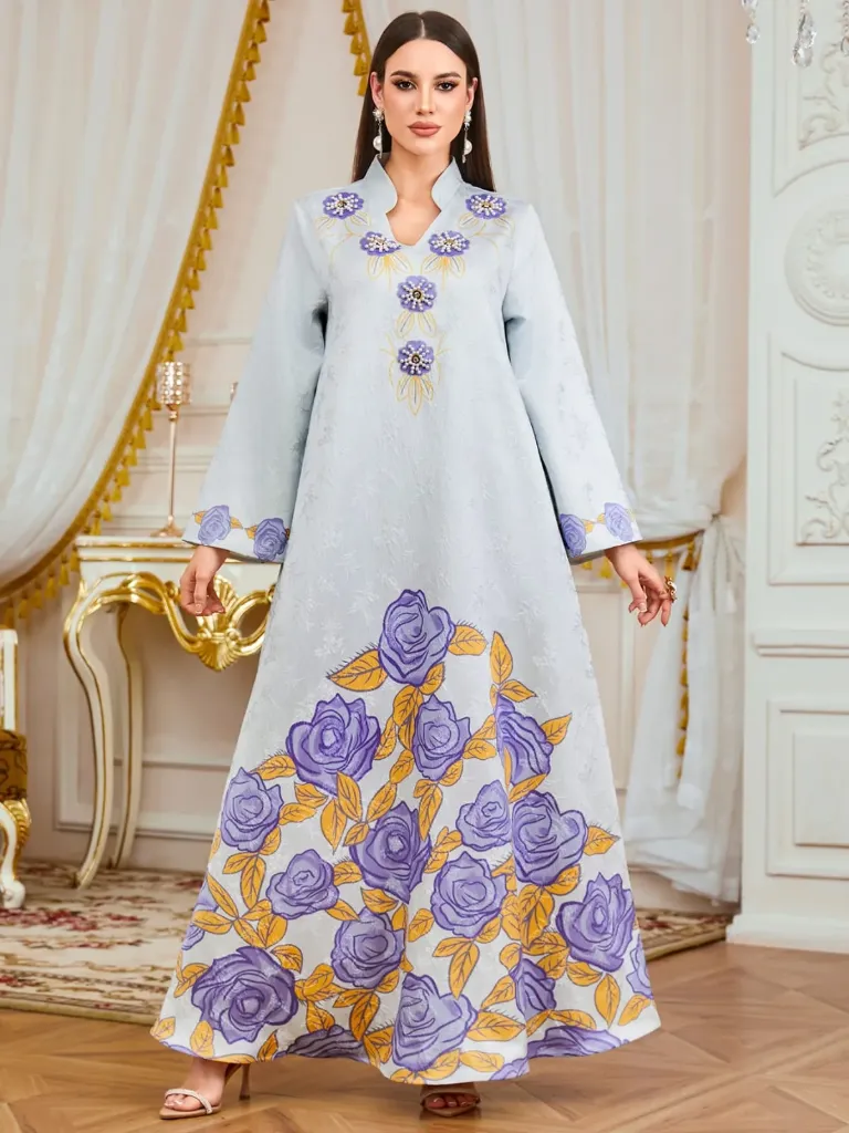 KS1165GRS2XL GREY WITH BLUE AND BROWN FLOWERS PRINTS AND WHITE PEARLS                            -SIZE 2XL