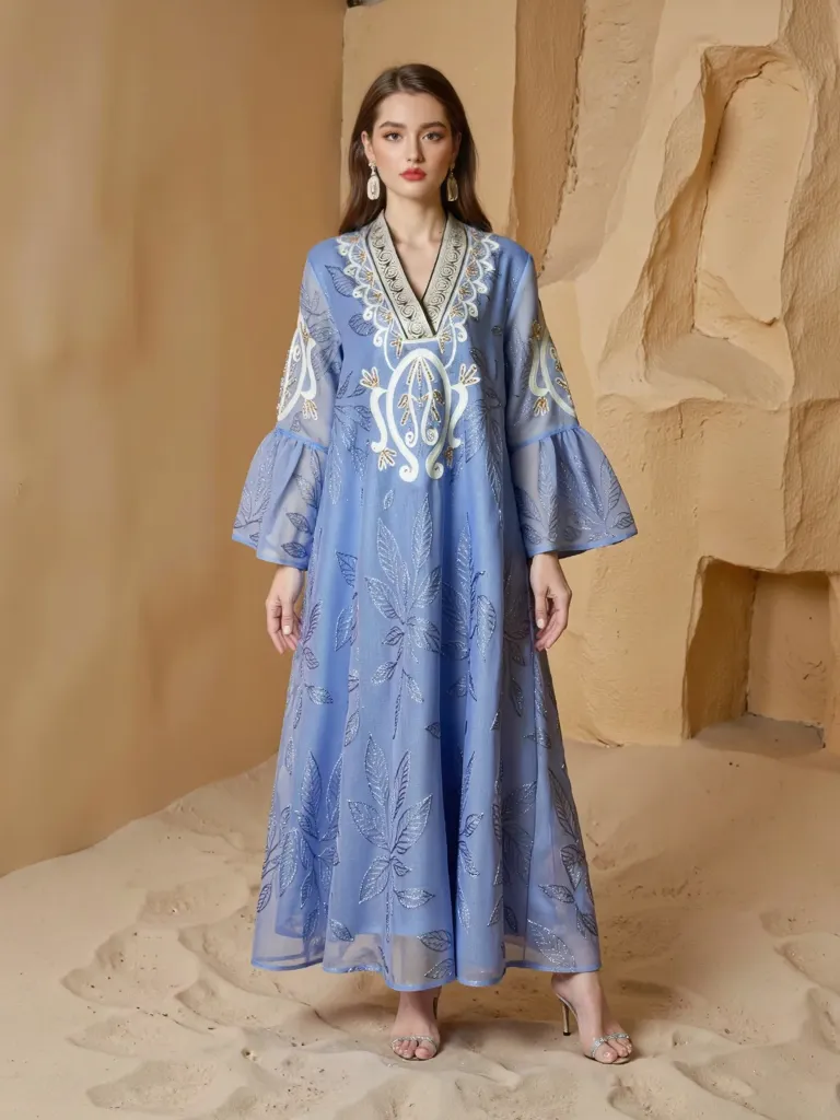 KS1163BSL BLUE WITH WHITE EMBROIDERY V-KNECK KAFTAN                                         -SIZE L