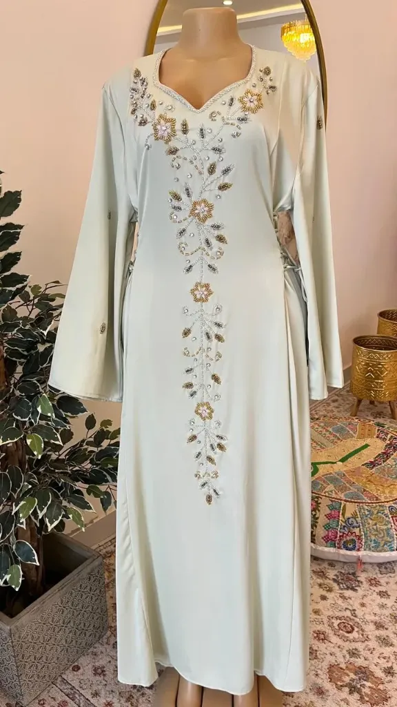 KS1172LGSXL LIME GREEN WITH SILVER AND GOLD BEADS SIDE BELT KAFTAN                                 -SIZE XL