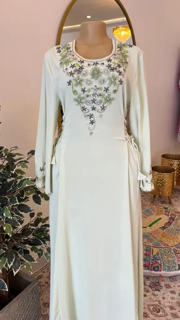KS1172OGSXL OLIVE GREEN WITH SILVER AND GOLD BEADS SIDE BELT KAFTAN                            -SIZE XL