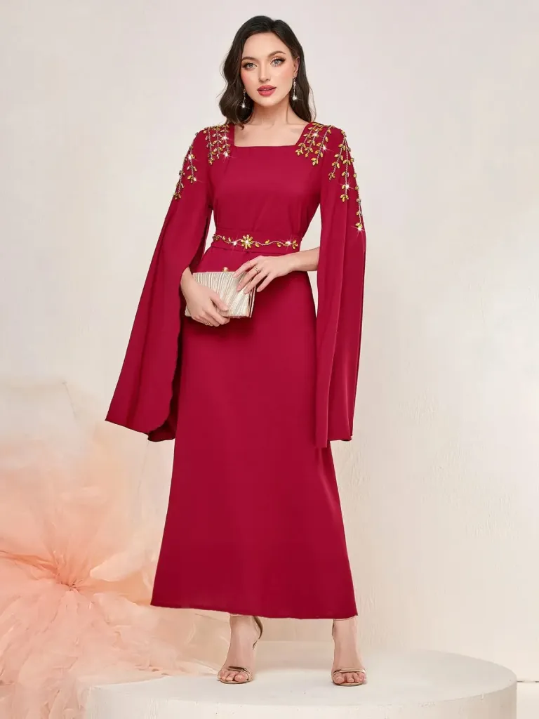 KS1176RSL RED WITH GOLD STONES FLARED HANDS KAFTAN                                                           -SIZE L