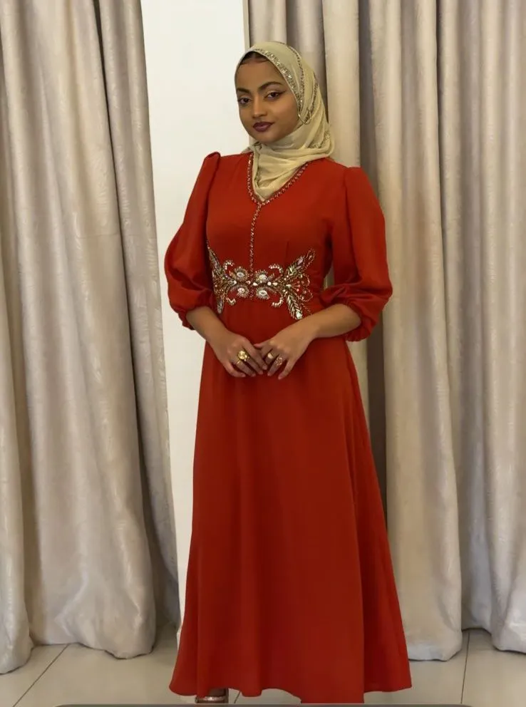 KS1187BOS2XL BURNT ORANGE WITH GOLD BEADS AND STONES ON THE WAIST KAFTAN