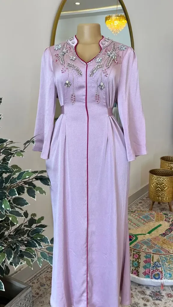 KS1190PSM PINK WITH SILVER STONES AND PINK BEADS KAFTAN                                                         -SIZE M