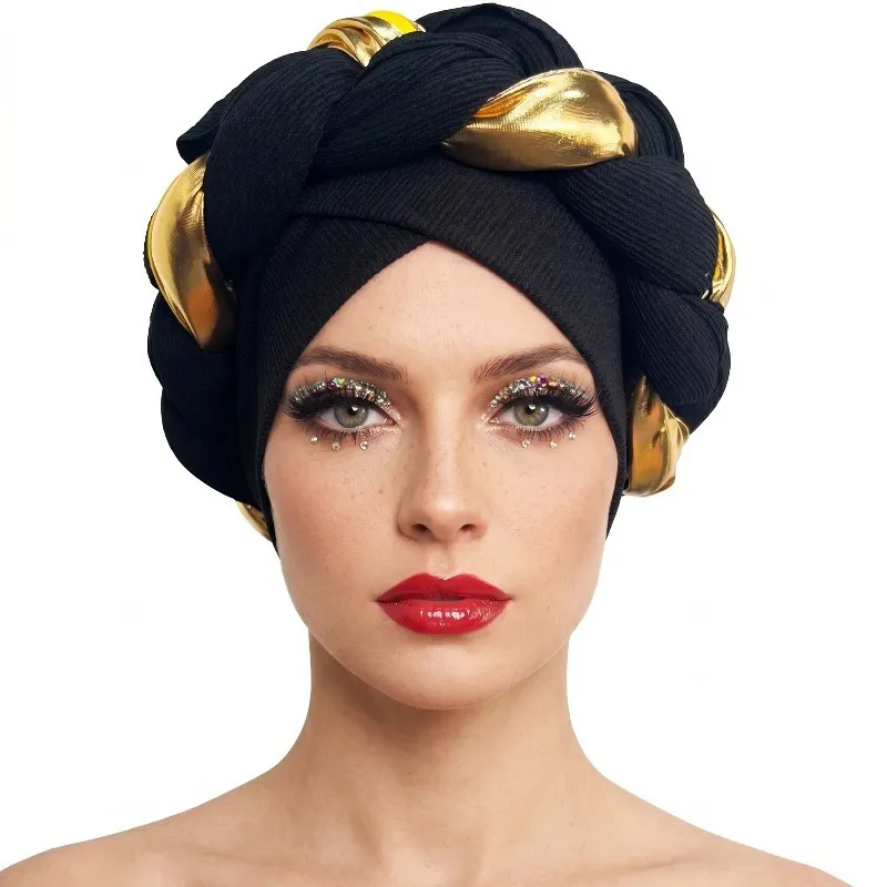 TU08BL BLACK WITH GOLD ROPE DESIGN TURBAN