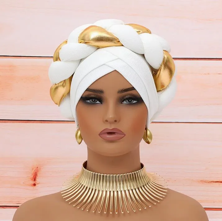TU08W WHITE WITH GOLD ROPE DESIGN TURBAN