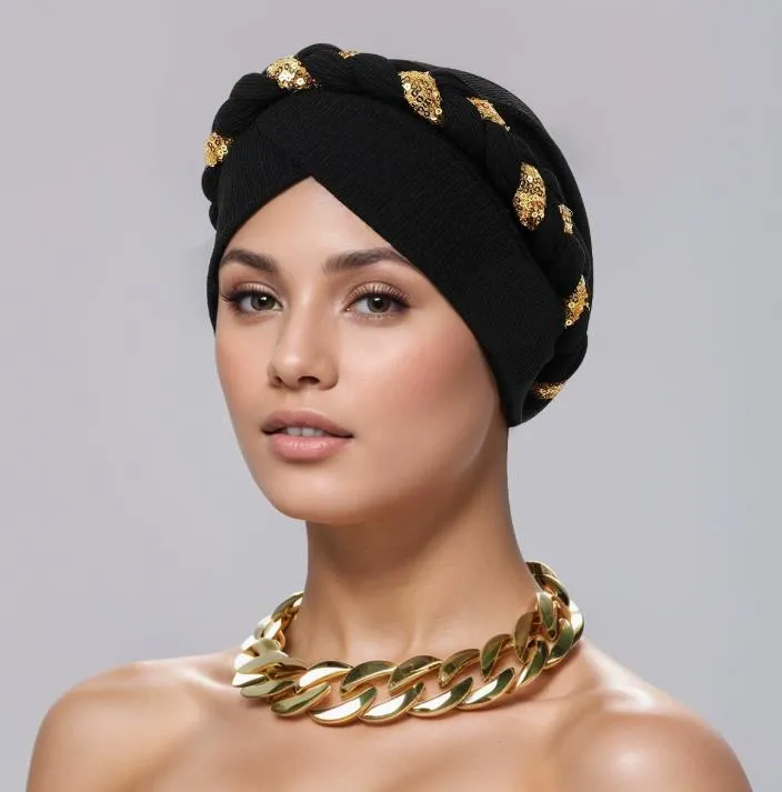 TU13BL BLACK WITH GOLD SEQUINS ROPE DESIGN TURBAN