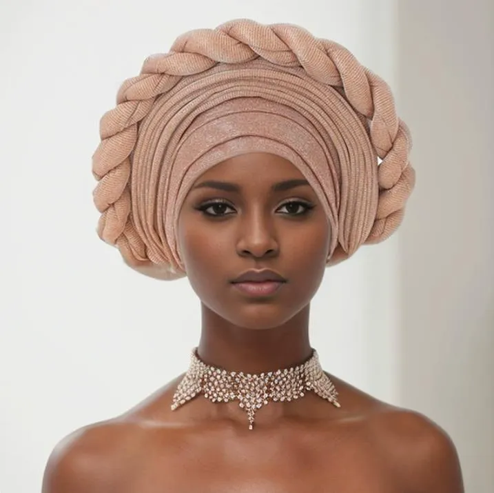 TU10BE BEIGE SHINNY ROPE DESIGN TURBAN