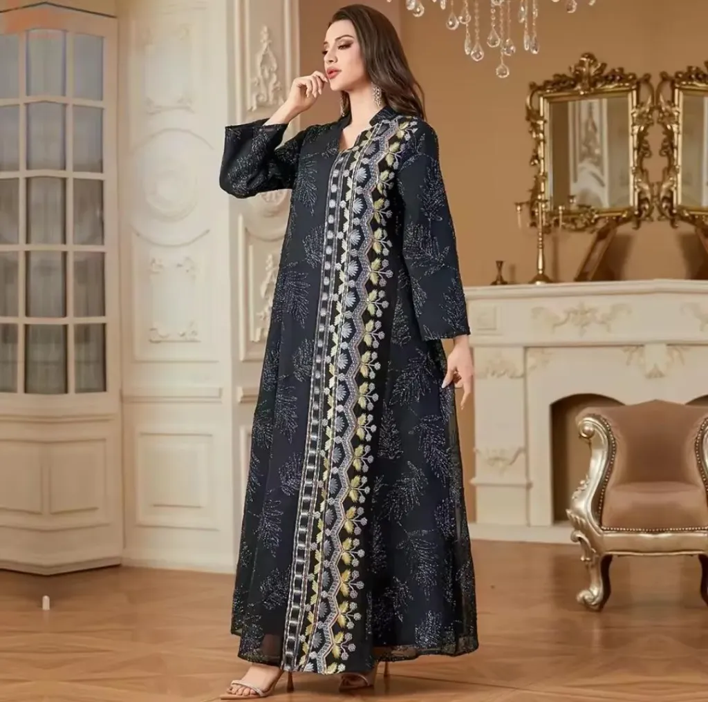 KS1158BLSL BLACK  WITH GOLD EMBROIDERY TRIBAL KAFTAN                                          -SIZE L