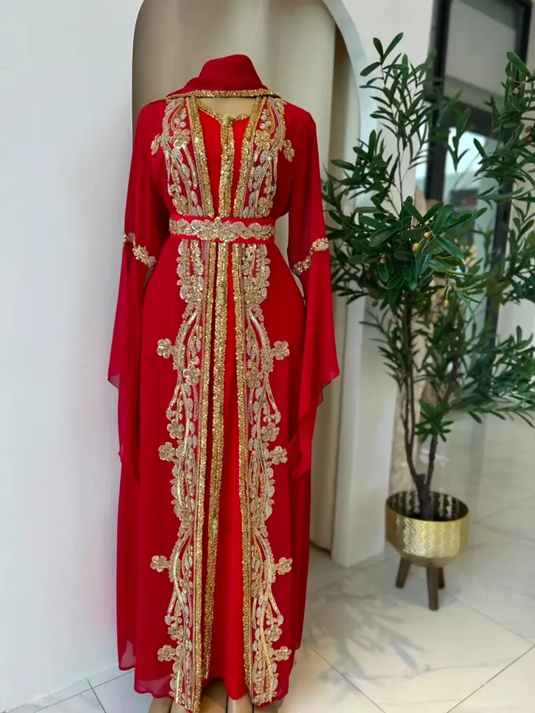 KS1196RSL RED WITH GOLD TWO PIECE HIJAB SET KAFTAN                                                               -SIZE L