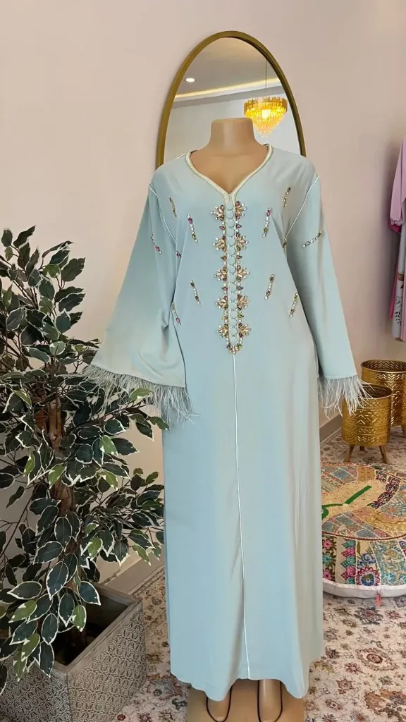 KS1121LGSM  LIME GREEN WITH COLOURFUL STONES AND FEATHERS ON THE HANDS KAFTAN          -SIZE M