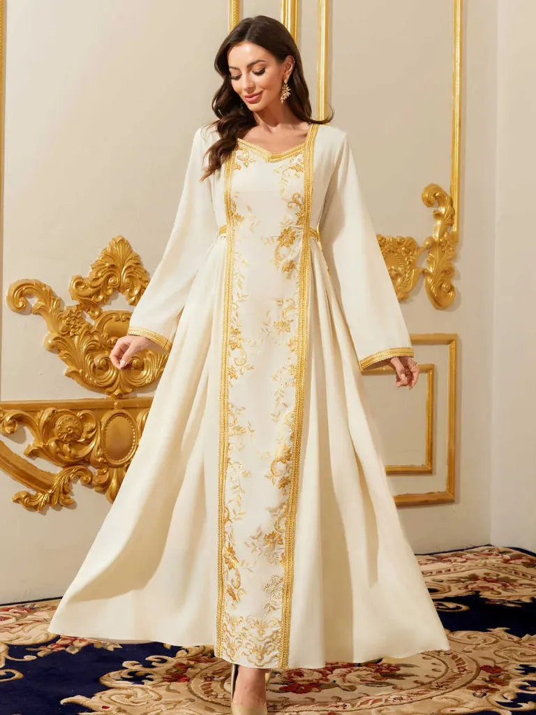 KS1214WSL WHITE  WITH GOLD  EMBROIDERY KAFTAN                                                     -SIZE L
