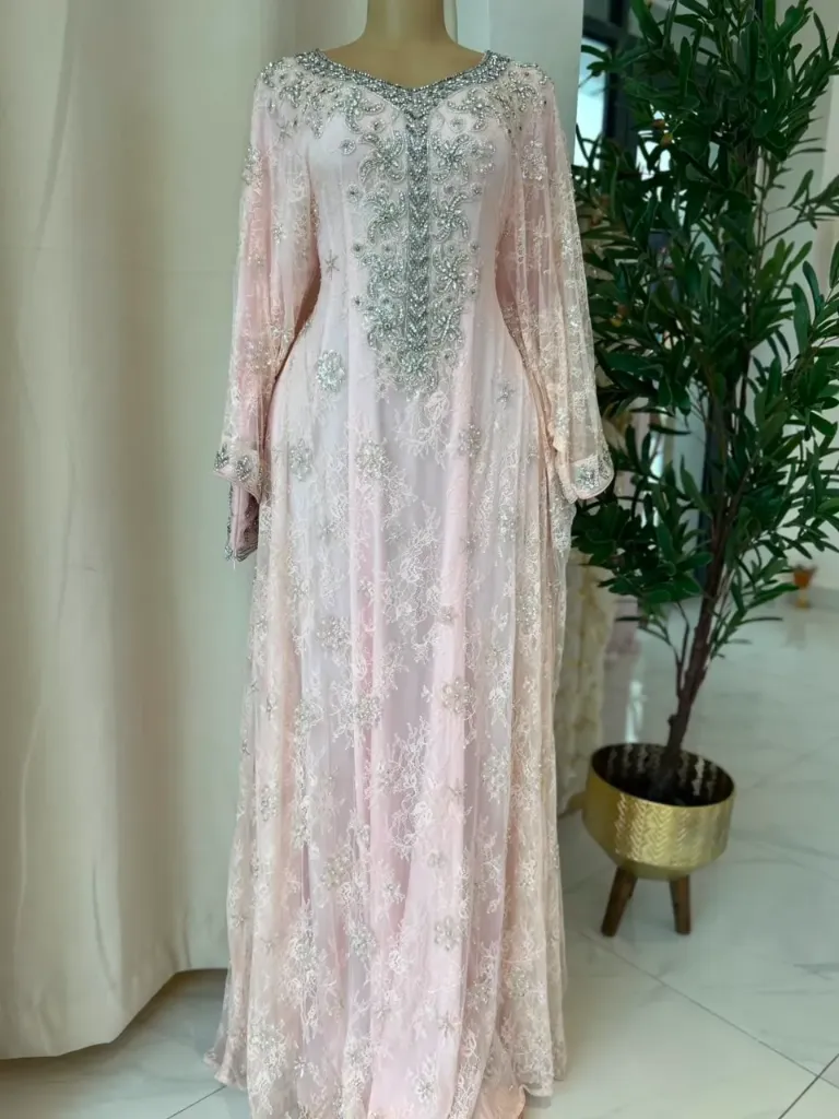 KS1224PSM PINK WITH SILVER STONES LACE KAFTAN                        -SIZE M