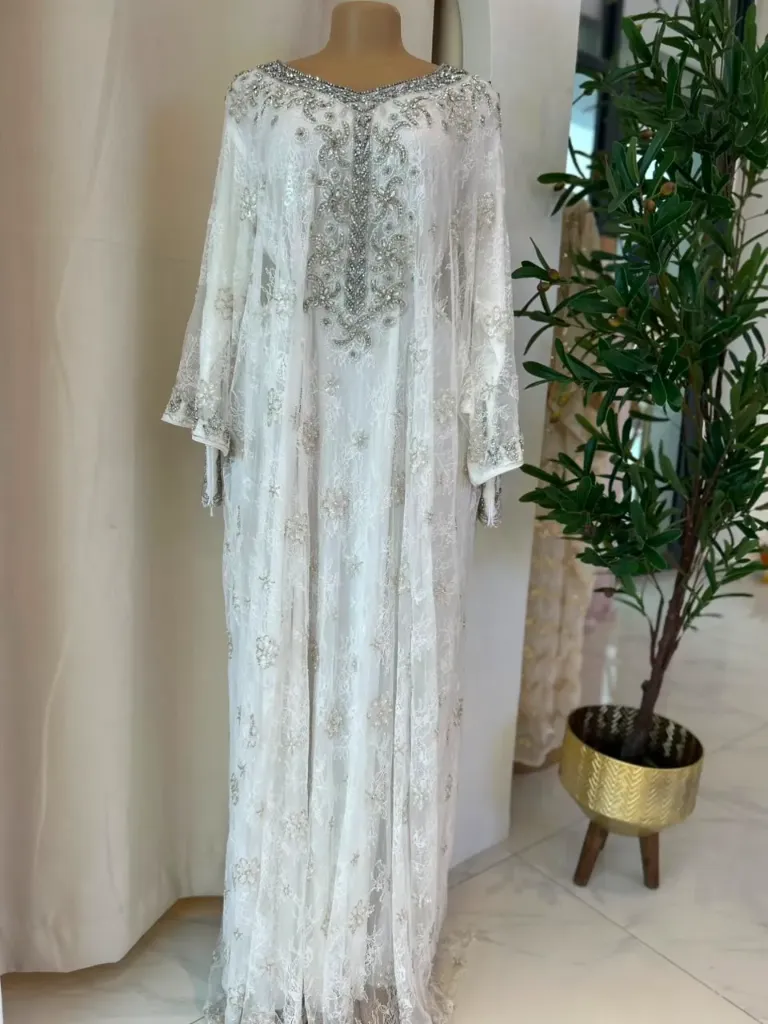 KS1224WSL WHITE WITH SILVER STONES LACE KAFTAN                    -SIZE L