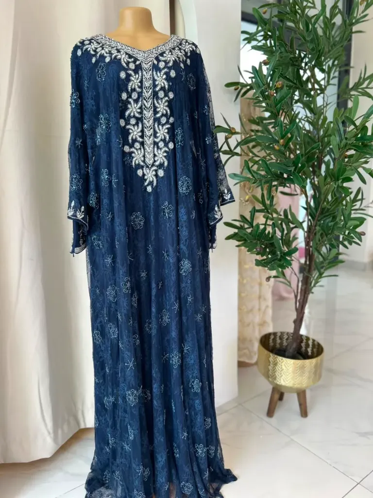 KS1224NBSS NAVY BLUE WITH SILVER STONES LACE KAFTAN                                                       -SIZE S