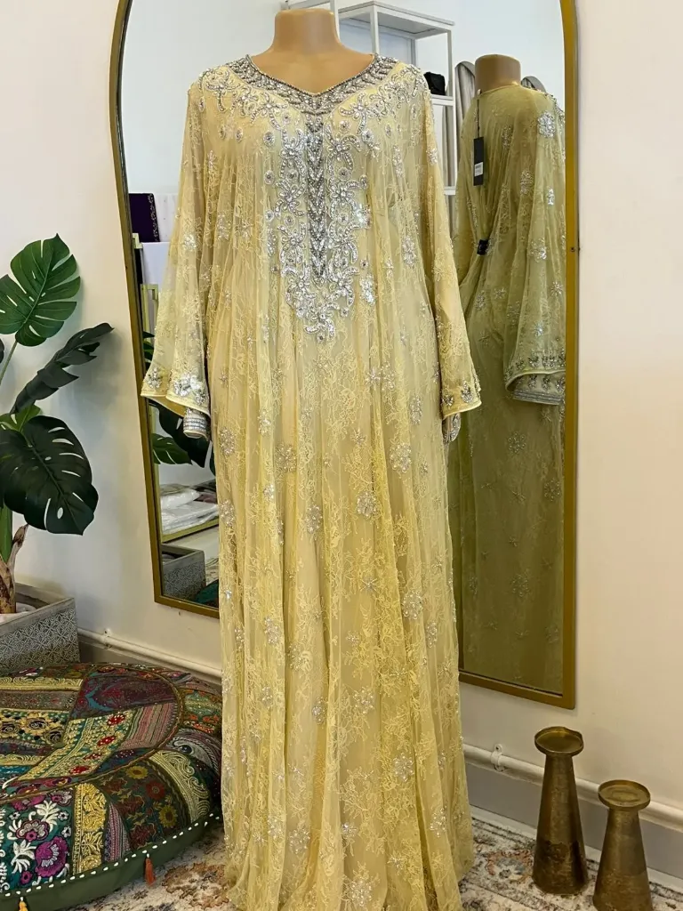 KS1224OGSS OLIVE GREEN WITH SILVER STONES LACE KAFTAN                                                             -SIZE S