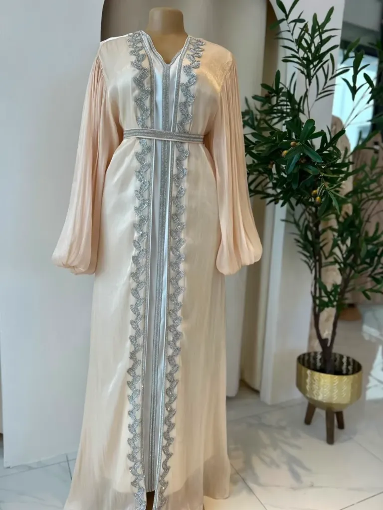 KS1225BESF BEIGE WITH PUFFY HANDS TWO PIECE KAFTAN                                          -FREE SIZE