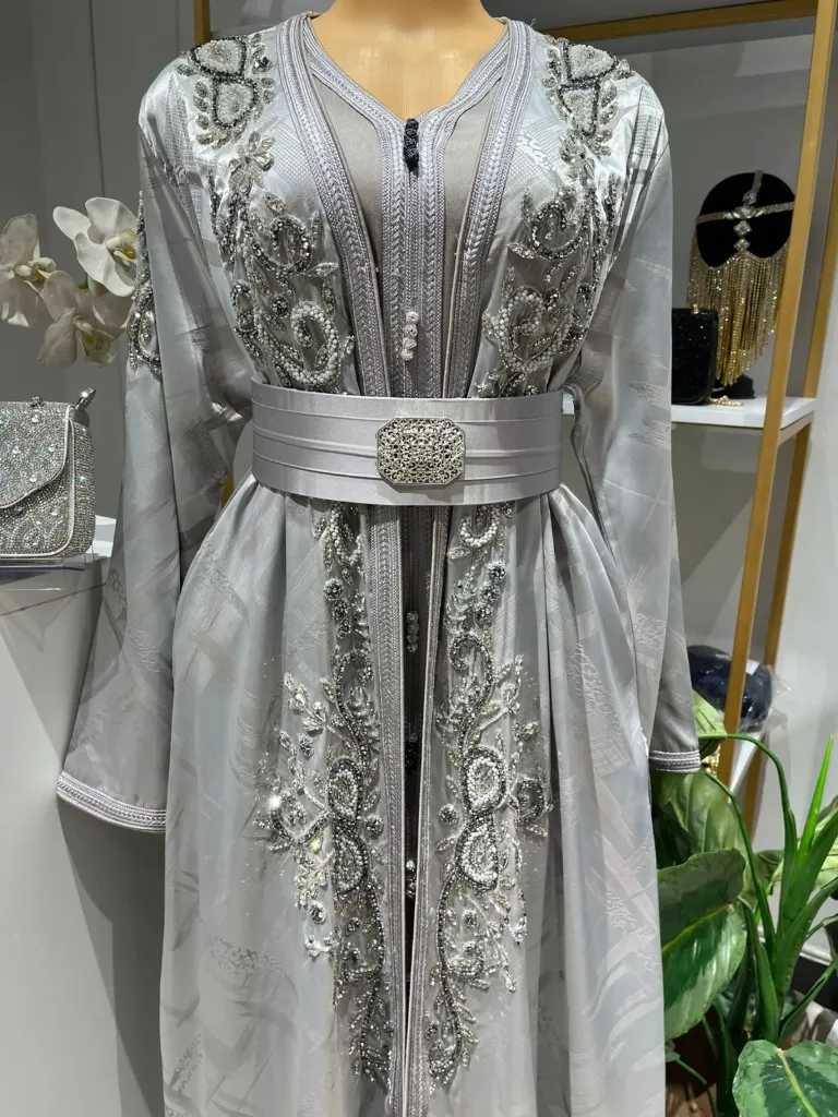KS1229GRSXL GREY WITH SILVER  STONES  TWO PIECE NORMAL COLLAR KAFTAN                                     -SIZE XL