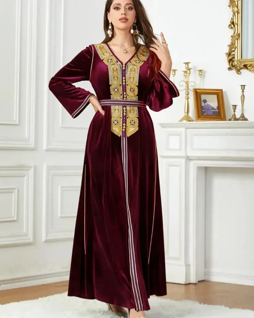 KA288MSXXL MAROON VELVET WITH GOLD EMBROIDERY KAFTAN                 -SIZE XXL